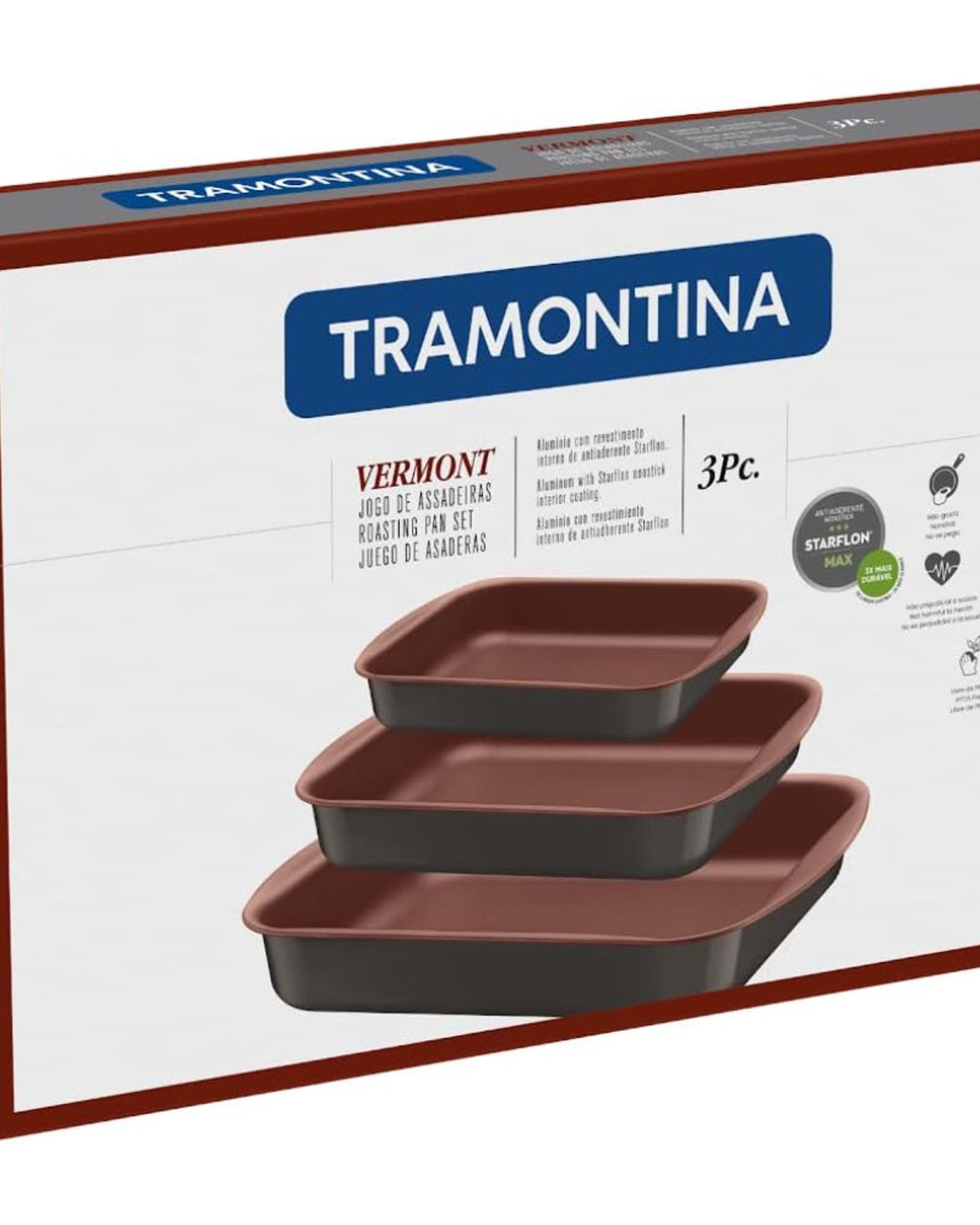 Tramontina Brazil  Vermont 3 Pieces Graphite Aluminum Roasting Pan Set with Copper Interior Starflon Max PFOA Free Nonstick Coating
