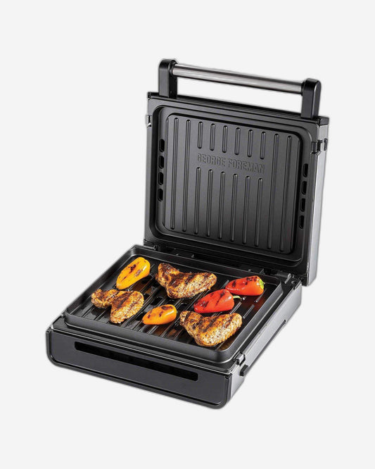 George Foreman Smokeless Non-Stick Electric Grill, Indoor BBQ and Griddle Hot Plate with Built-in Drip Tray (28000), Stainless Steel (Silver) - 1-Year Warranty