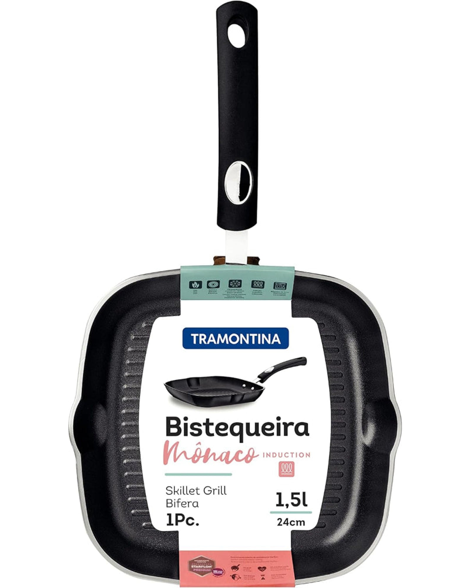 Tramontina Brazil  Monaco Induction 24cm 1.5L Black Aluminum Skillet Grill with Interior and Exterior Starflon Premium PFOA Free Nonstick Coating