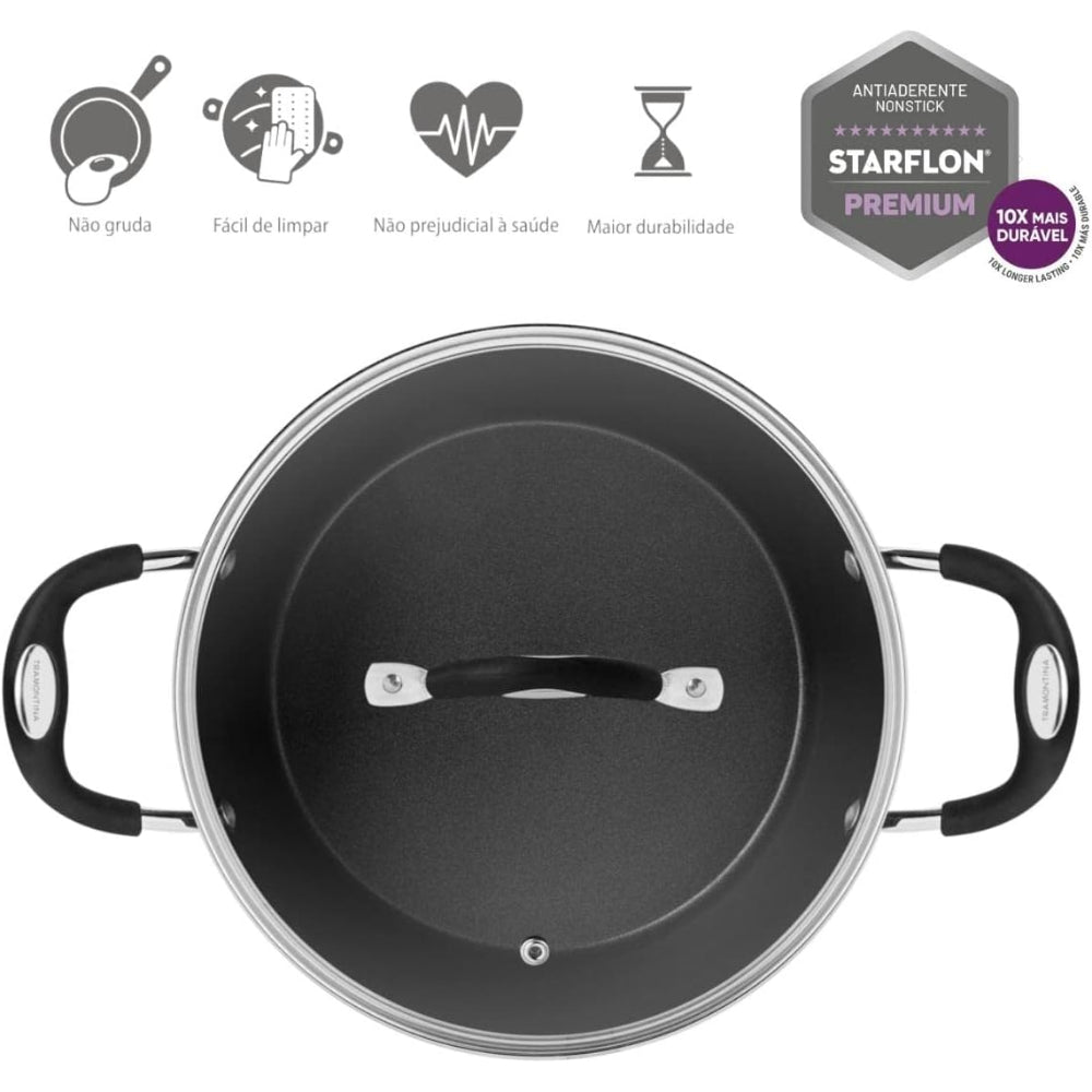 Tramontina Brazil  Monaco Induction 20cm 2.6L Black Aluminum Casserole with Interior and Exterior Starflon Premium PFOA Free Nonstick Coating