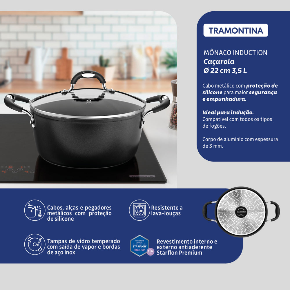 Tramontina Mônaco Induction Aluminum Casserole with Black Interior and Exterior Starflon Premium Nonstick Coating and Glass Lid, 22 cm, 3.5 L
