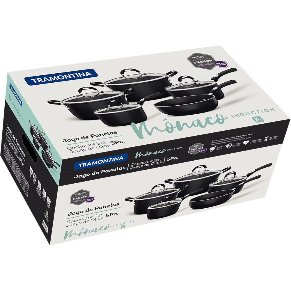 Tramontina Brazil  Monaco Induction Ready 9 Pieces Black Aluminum Cookware Set with Interior and Exterior Starflon Premium Nonstick Coating