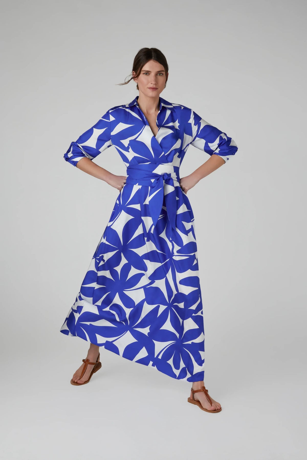 Celia Printed Maxi Silk Wrap Dress Silk Twill in Blue