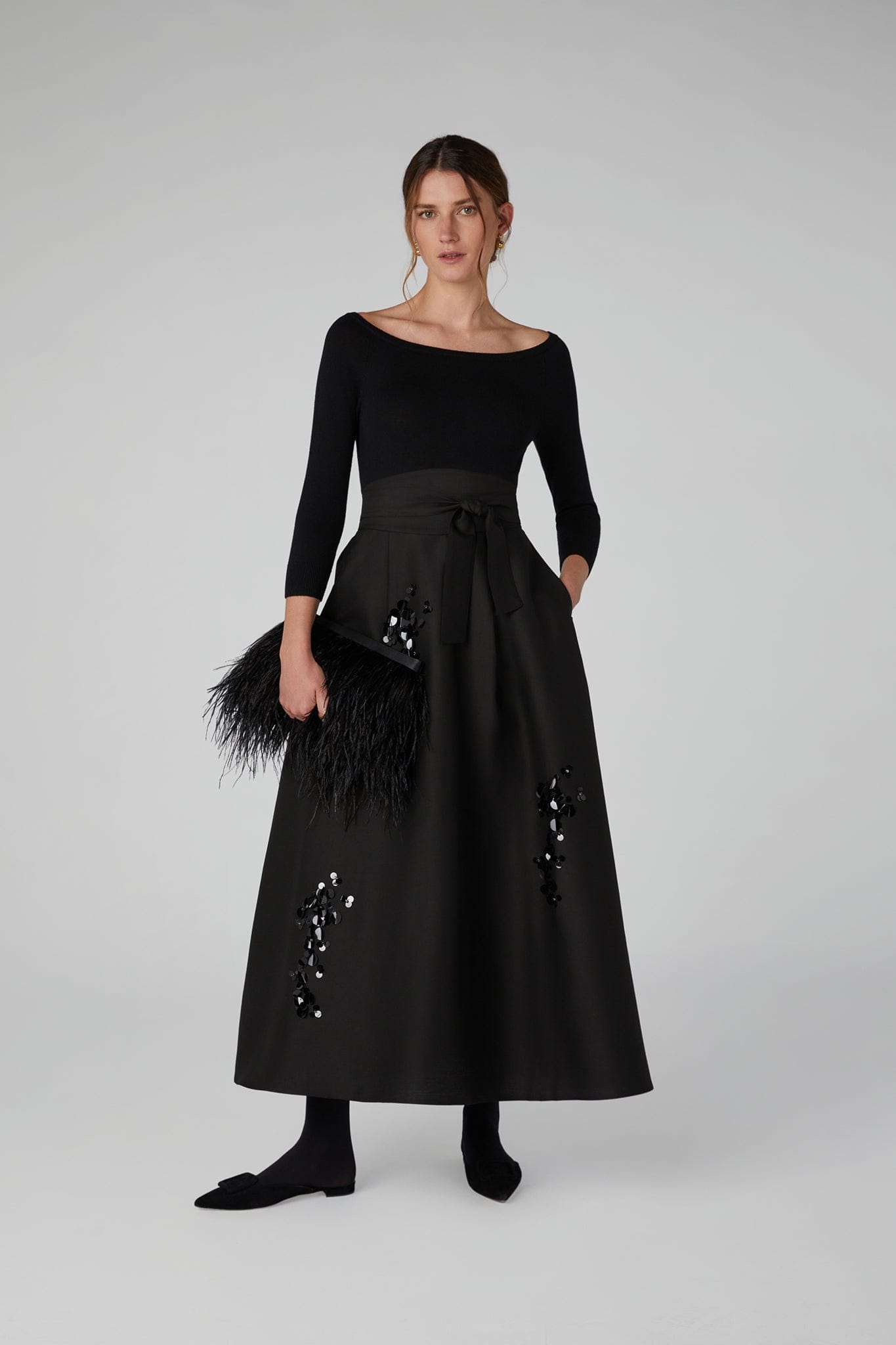 Imelda Wool Silk Sequin Skirt in Black