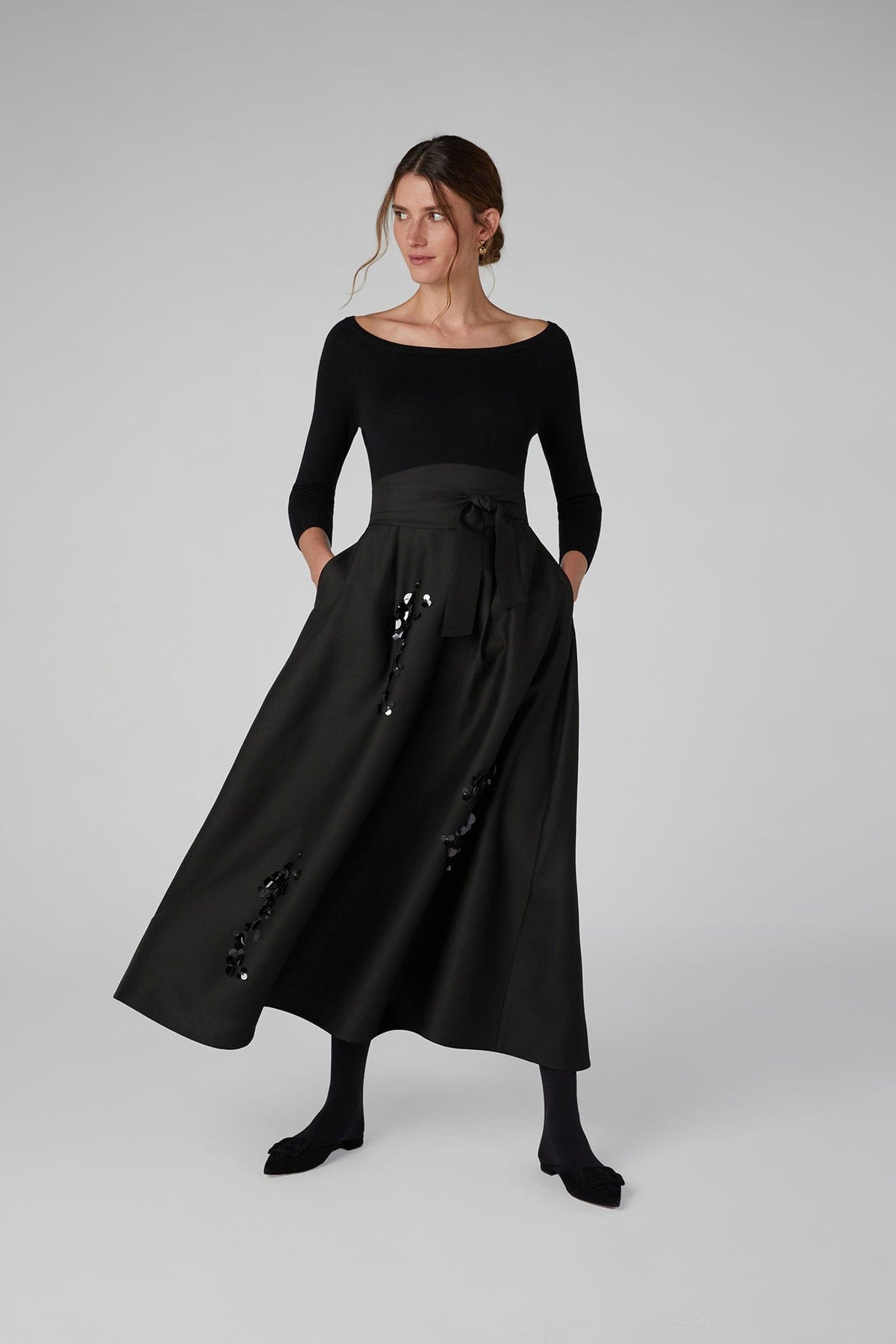Imelda Wool Silk Sequin Skirt in Black