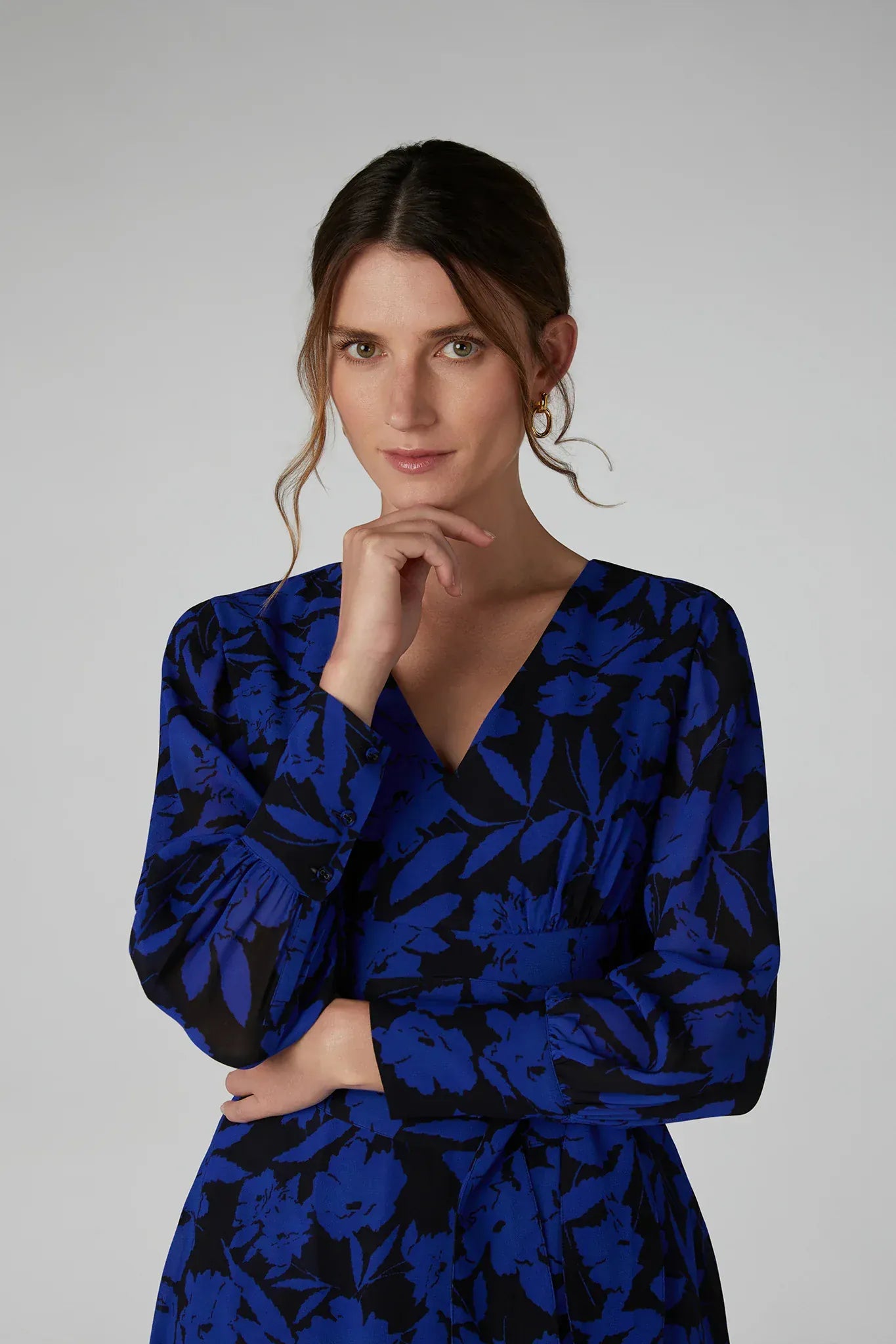 Ira Printed Georgette Maxi V Neck Dress in Blue