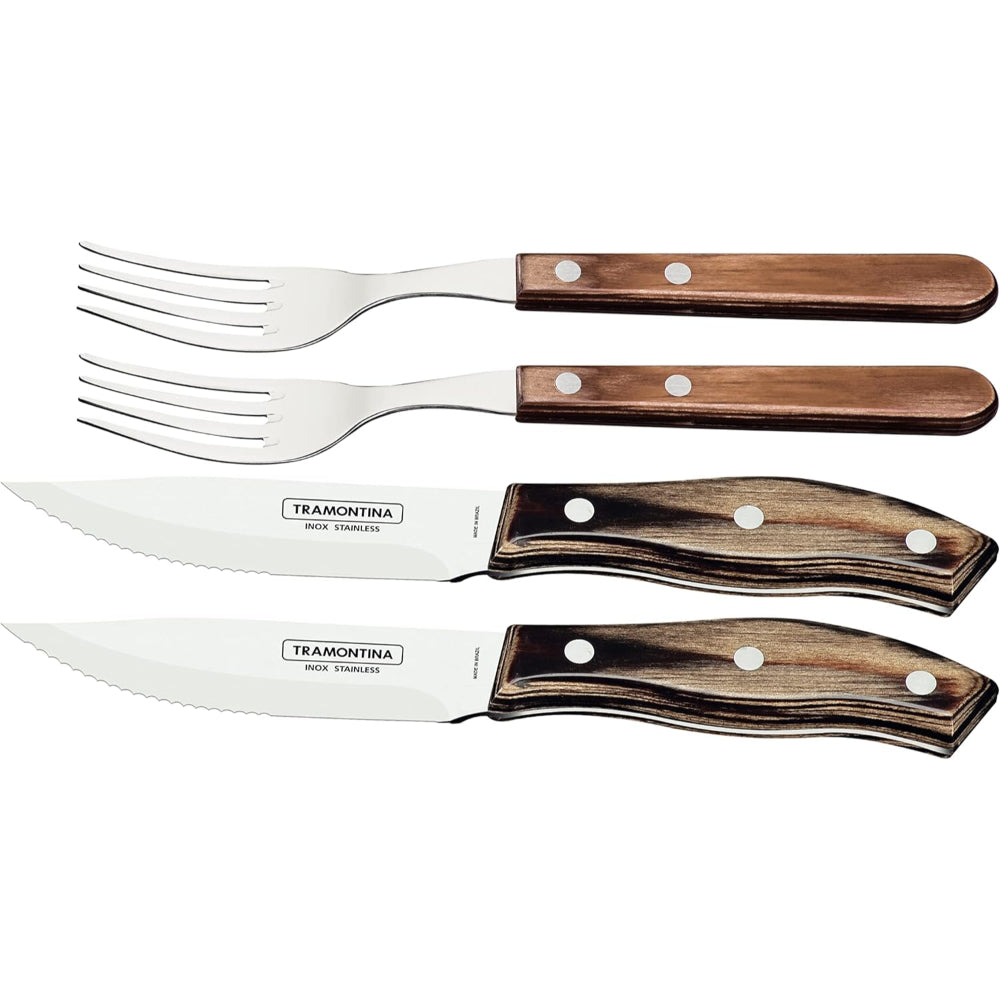 Tramontina Brazil  Churrasco 4 Pieces Stainless Steel Jumbo Barbecue Flatware Set with Brown Polywood Handles and Wood Case