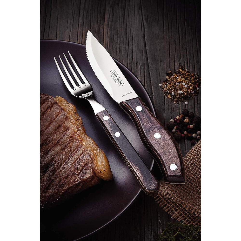 Tramontina Brazil  Churrasco 4 Pieces Stainless Steel Jumbo Barbecue Flatware Set with Brown Polywood Handles and Wood Case