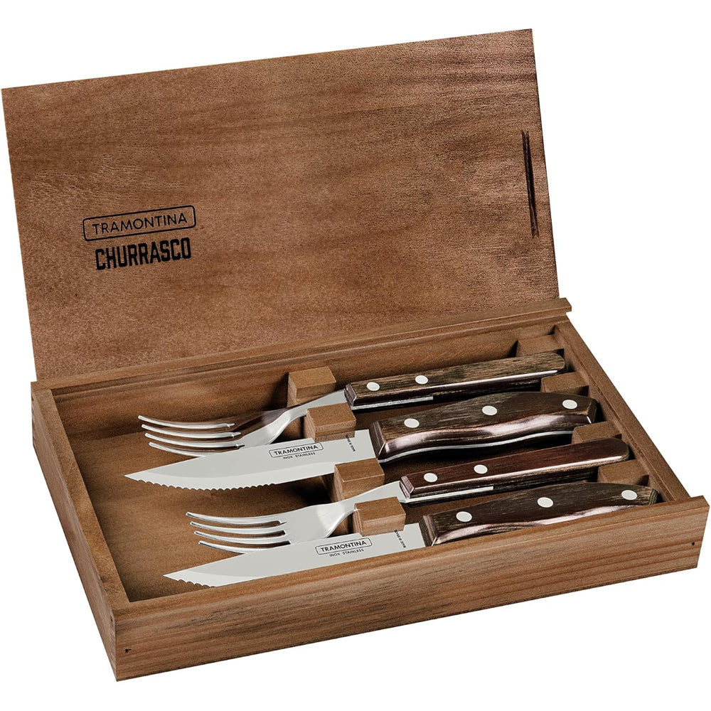 Tramontina Brazil  Churrasco 4 Pieces Stainless Steel Jumbo Barbecue Flatware Set with Brown Polywood Handles and Wood Case