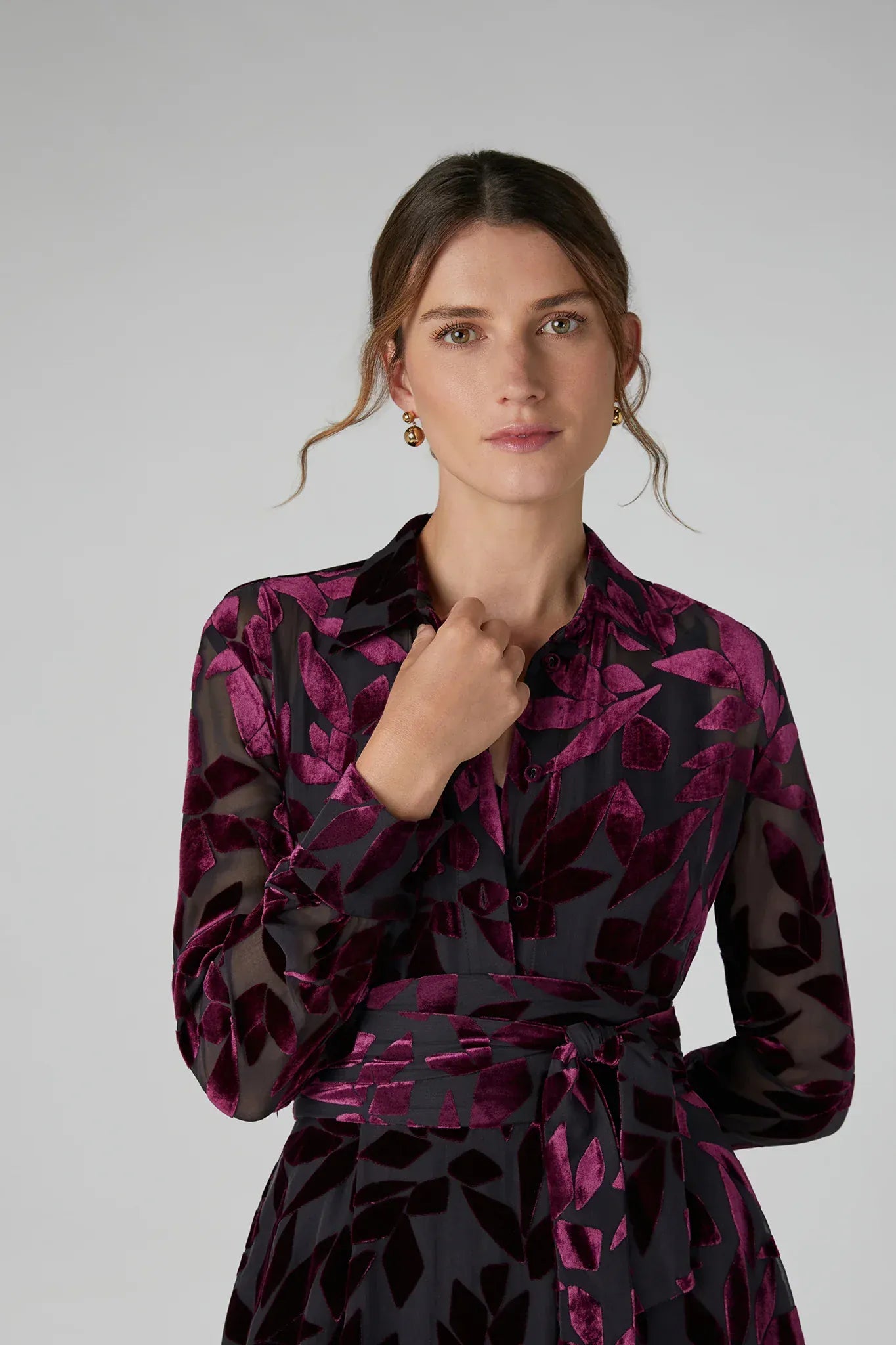 Idalia Velvet Burn Out Shirt in Berry Floral
