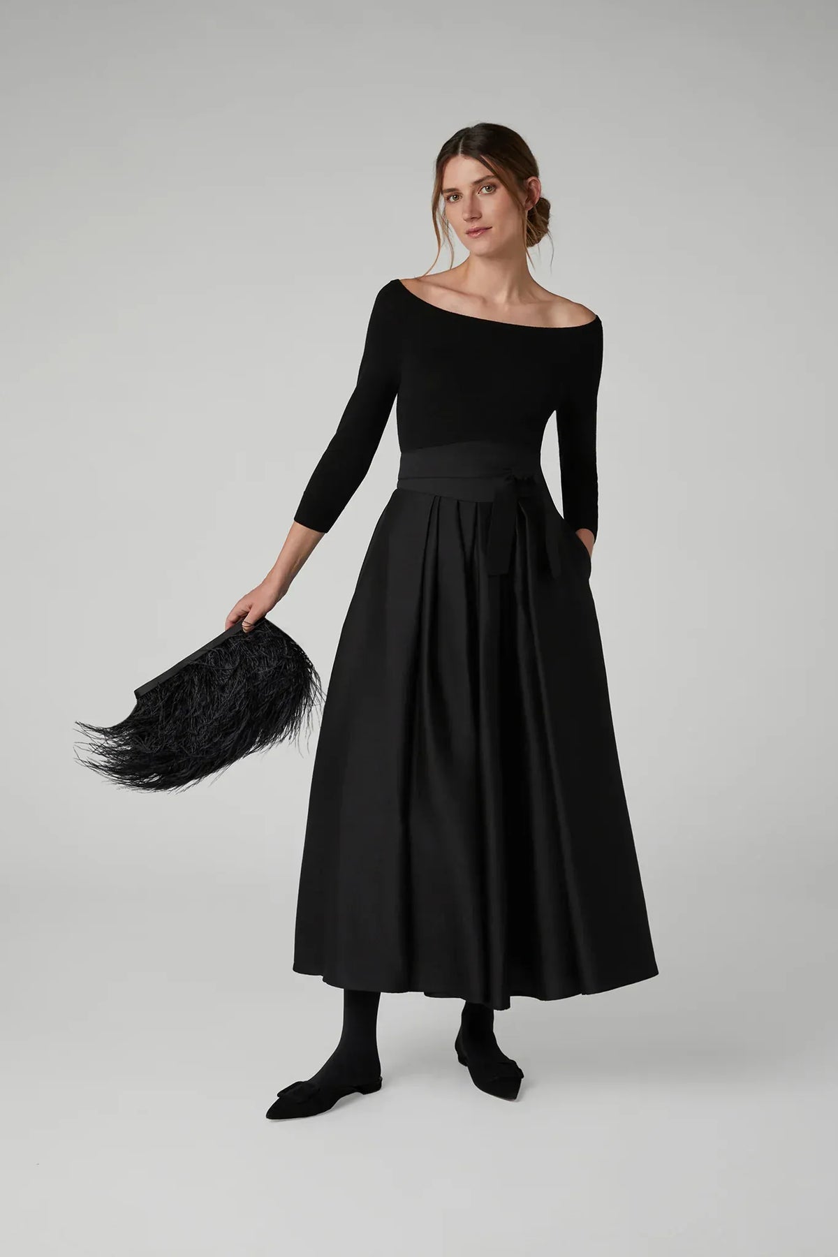 Ida Wool Silk Inverted Pleat Skirt in Black