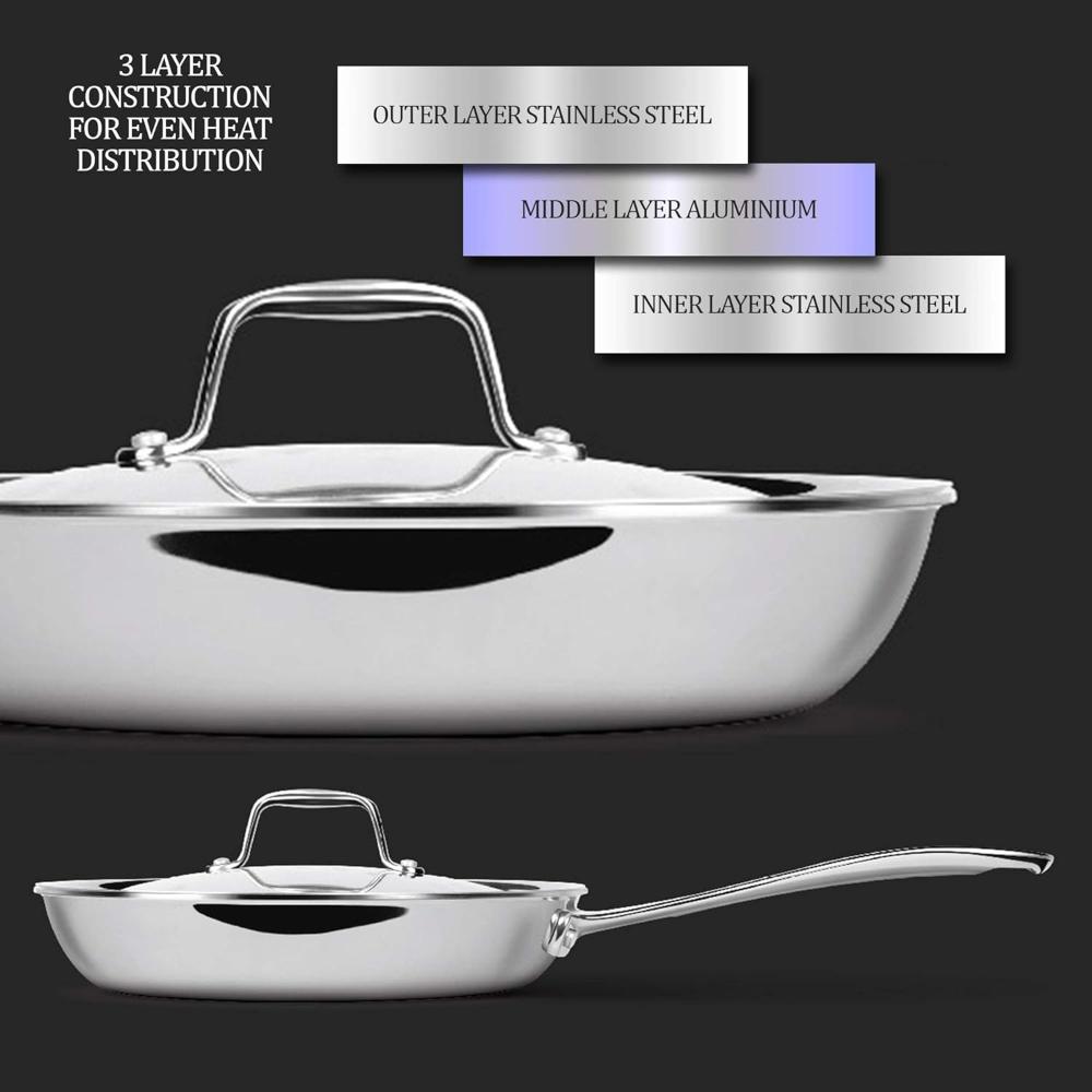 MILTON Pro cook 26 cm Frying Pan, Triply Stainless Steel with Lid, 2.2 Litre, Skillet for Curry, Stir-Fry, Omelette Pans, Sauté Induction & Gas Friendly Steel Pan