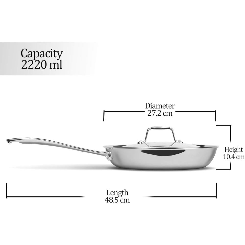 MILTON Pro cook 26 cm Frying Pan, Triply Stainless Steel with Lid, 2.2 Litre, Skillet for Curry, Stir-Fry, Omelette Pans, Sauté Induction & Gas Friendly Steel Pan