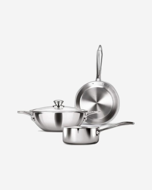 MILTON Pro cook Procook Triply Induction Base Cookware Set of 3 Stainless Steel |Sauce Pan 14 cm, Fry Pan 24 cm, Kadhai 24 cm with Glass Lid 24 cm, Silver