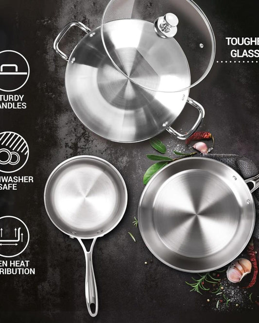 MILTON Pro cook Procook Triply Induction Base Cookware Set of 3 Stainless Steel |Sauce Pan 14 cm, Fry Pan 24 cm, Kadhai 24 cm with Glass Lid 24 cm, Silver