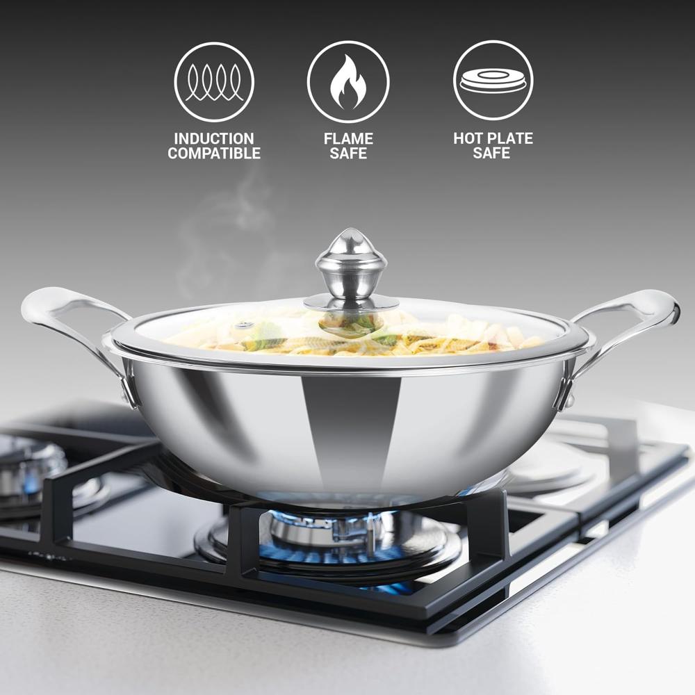 MILTON Pro Cook Triply Hexa Tech Induction Stainless Steel Kadhai with Glass Lid, 26 cm,Silver, 3 Layer Kadhai for Cooking, Induction Bottom and Gas Stove Ready Cookware, Easy to Clean