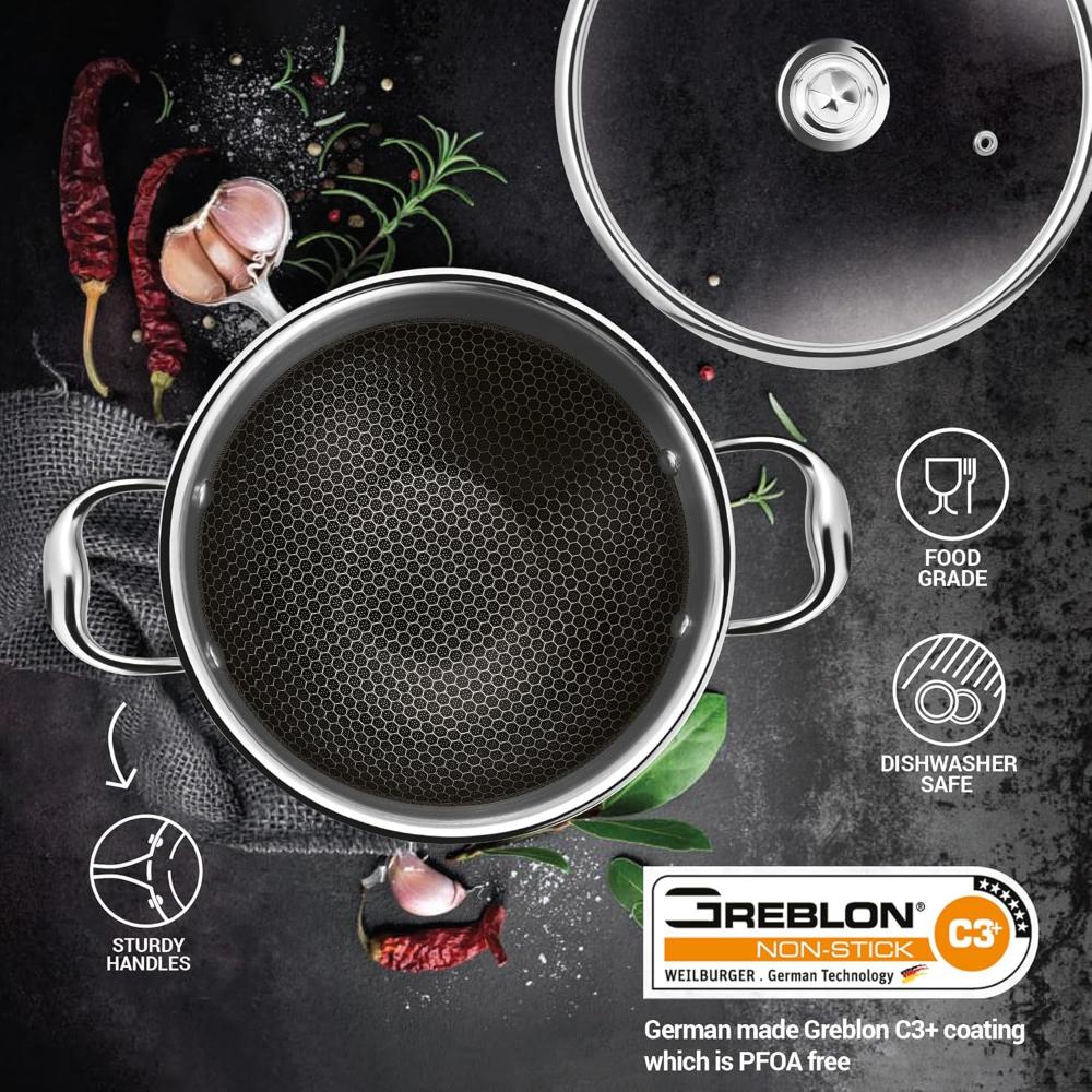 MILTON Pro Cook Triply Hexa Tech Induction Stainless Steel Kadhai with Glass Lid, 26 cm,Silver, 3 Layer Kadhai for Cooking, Induction Bottom and Gas Stove Ready Cookware, Easy to Clean