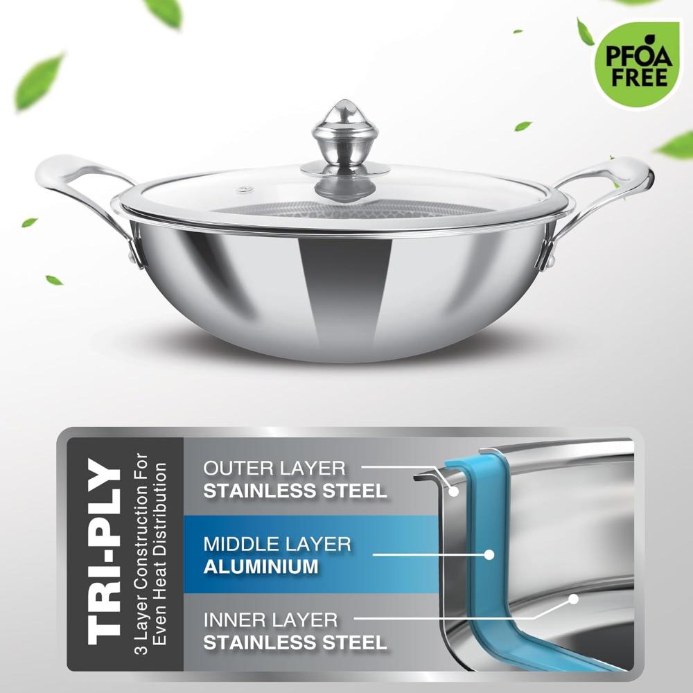 MILTON Pro Cook Triply Hexa Tech Induction Stainless Steel Kadhai with Glass Lid, 26 cm,Silver, 3 Layer Kadhai for Cooking, Induction Bottom and Gas Stove Ready Cookware, Easy to Clean