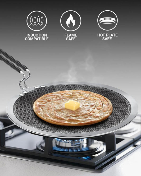 MILTON Pro cook Triply Hexa Tech Induction Stainless Steel Concave Tawa, 26 cm, Silver, Honeycomb Non-Stick