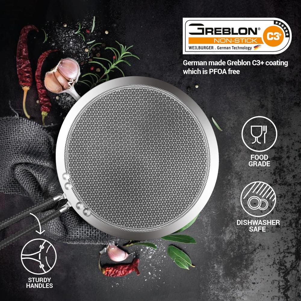 MILTON Pro cook Triply Hexa Tech Induction Stainless Steel Concave Tawa, 26 cm, Silver, Honeycomb Non-Stick