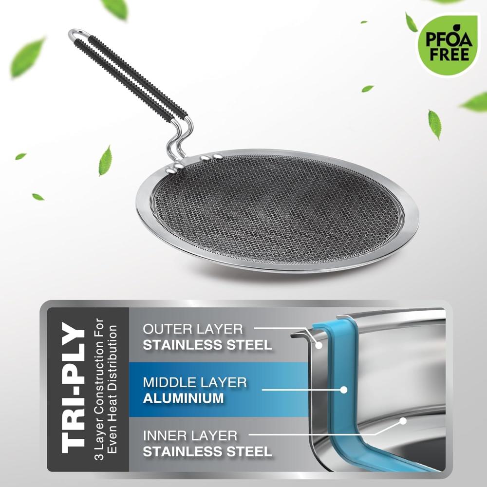 MILTON Pro cook Triply Hexa Tech Induction Stainless Steel Concave Tawa, 26 cm, Silver, Honeycomb Non-Stick