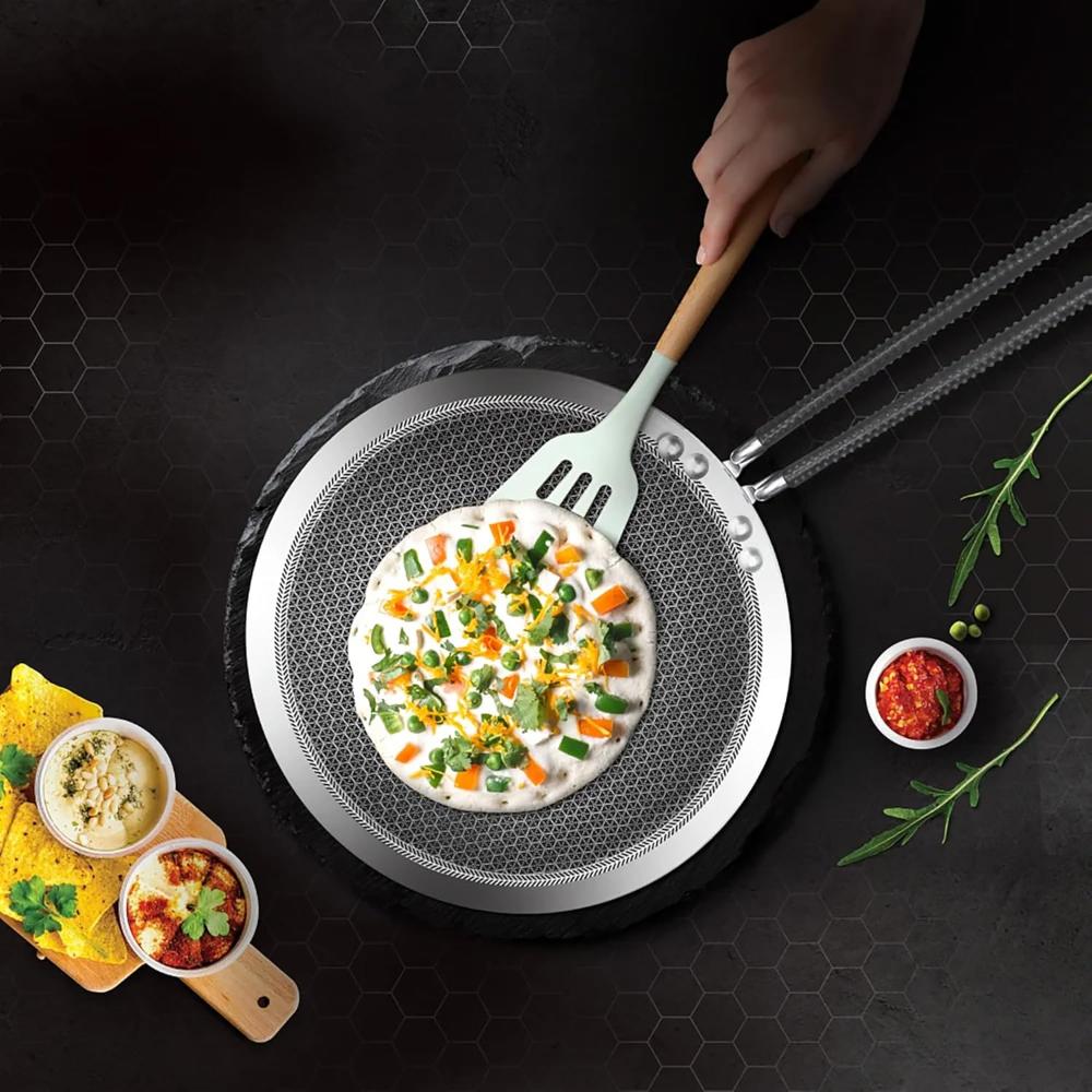 MILTON Pro cook Triply Hexa Tech Induction Stainless Steel Concave Tawa, 26 cm, Silver, Honeycomb Non-Stick