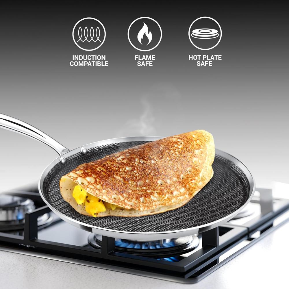 MILTON Pro cook Triply Hexa Tech Induction Stainless Steel Tawa, 32 cm,Silver, Honeycomb Non-Stick Structure, SturdyHandle, Food Grade, Flame & Hot Plate Safe