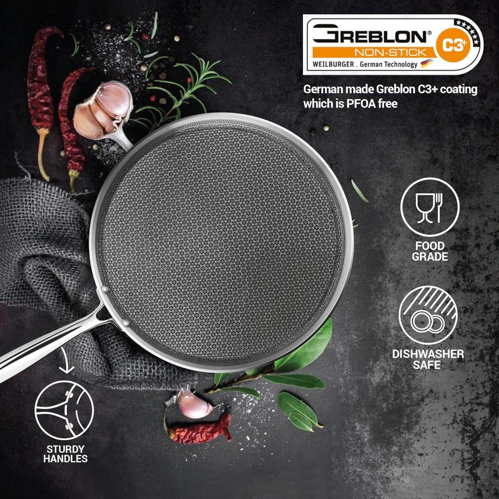MILTON Pro cook Triply Hexa Tech Induction Stainless Steel Tawa, 32 cm,Silver, Honeycomb Non-Stick Structure, SturdyHandle, Food Grade, Flame & Hot Plate Safe