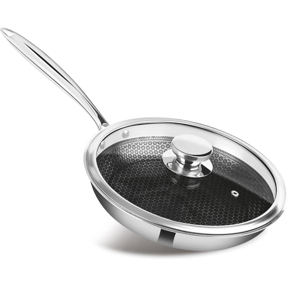 MILTON Pro cook Triply Hexa Tech Induction Stainless Steel Fry Pan with Glass Lid, 24 cm,Silver, Honeycomb Non-Stick Structure, Skillet for Curry, Omelette Pans, Induction & Gas Friendly