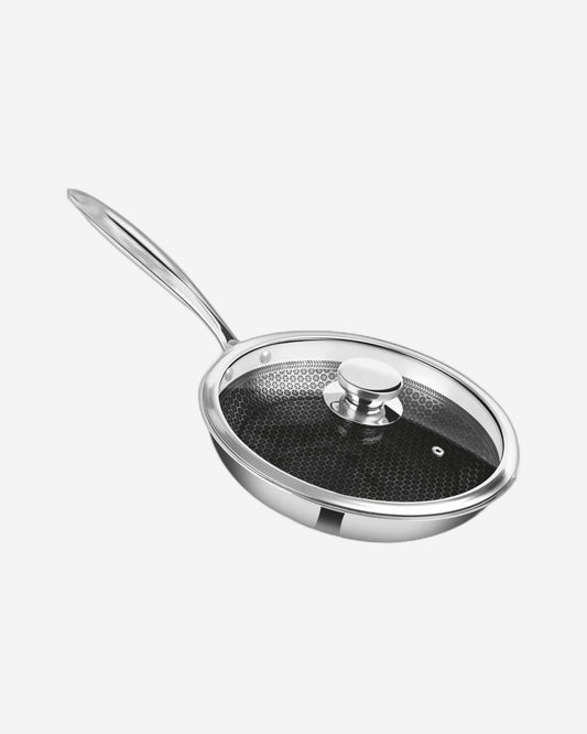 MILTON Pro cook Triply Hexa Tech Induction Stainless Steel Fry Pan with Glass Lid, 24 cm,Silver, Honeycomb Non-Stick Structure, Skillet for Curry, Omelette Pans, Induction & Gas Friendly