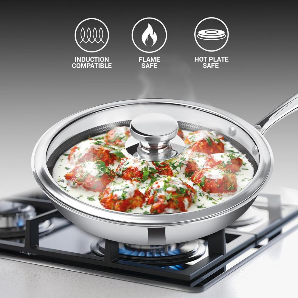 MILTON Pro cook Triply Hexa Tech Induction Stainless Steel Fry Pan with Glass Lid, 24 cm,Silver, Honeycomb Non-Stick Structure, Skillet for Curry, Omelette Pans, Induction & Gas Friendly