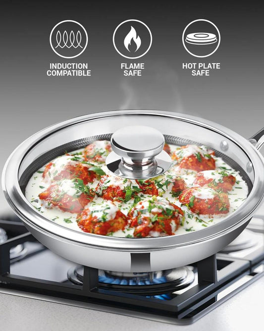MILTON Pro cook Triply Hexa Tech Induction Stainless Steel Fry Pan with Glass Lid, 24 cm,Silver, Honeycomb Non-Stick Structure, Skillet for Curry, Omelette Pans, Induction & Gas Friendly