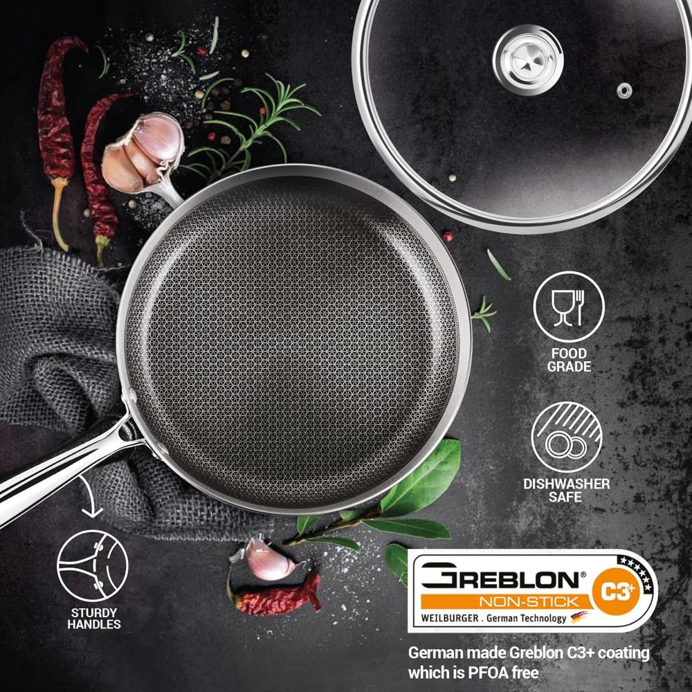 MILTON Pro cook Triply Hexa Tech Induction Stainless Steel Fry Pan with Glass Lid, 24 cm,Silver, Honeycomb Non-Stick Structure, Skillet for Curry, Omelette Pans, Induction & Gas Friendly