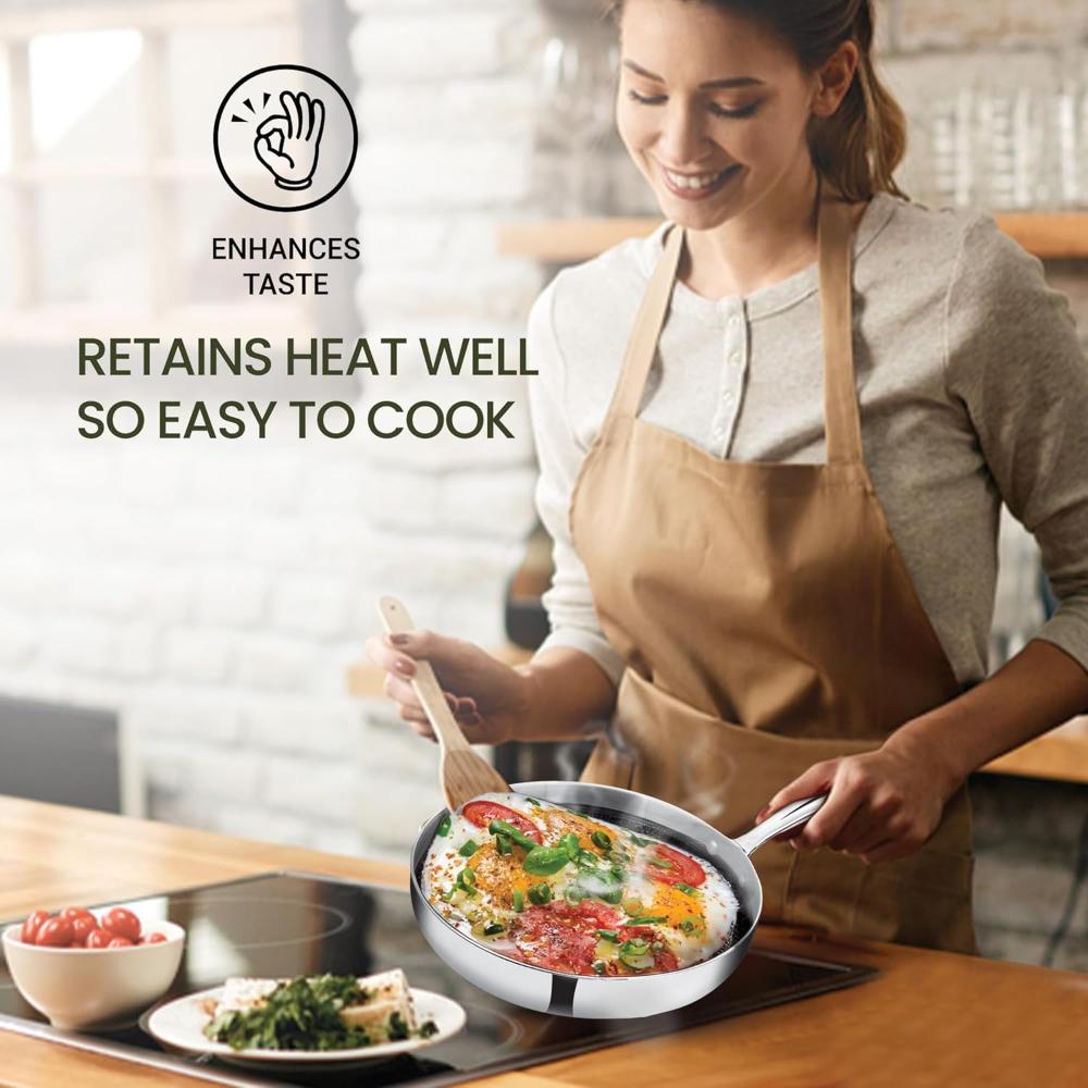 MILTON Pro cook Triply Hexa Tech Induction Stainless Steel Fry Pan with Glass Lid, 24 cm,Silver, Honeycomb Non-Stick Structure, Skillet for Curry, Omelette Pans, Induction & Gas Friendly