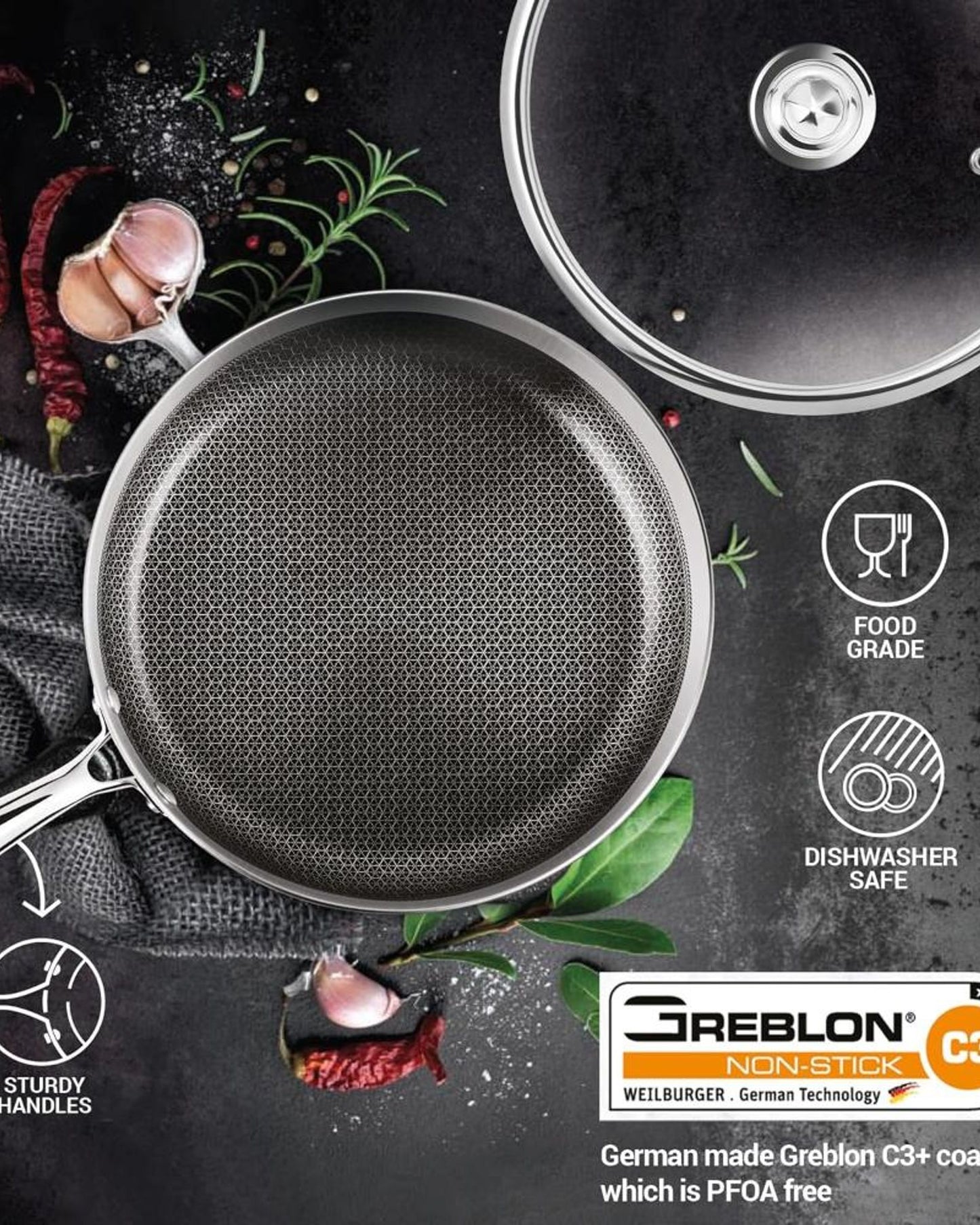MILTON Pro cook Triply Hexa Tech Induction Stainless Steel Fry Pan with Glass Lid, 26 cm Silver, Honeycomb Non-Stick Structure, Skillet for Curry, Omelette Pans, Induction & Gas Friendly