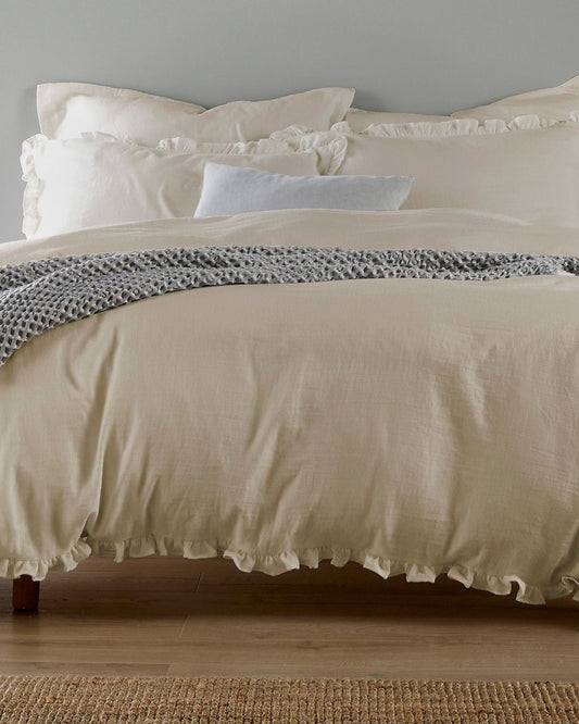 Christy Organic Cotton "Retreat Ruffle" Plain Dyed Duvet Covers in Oat (Beige)