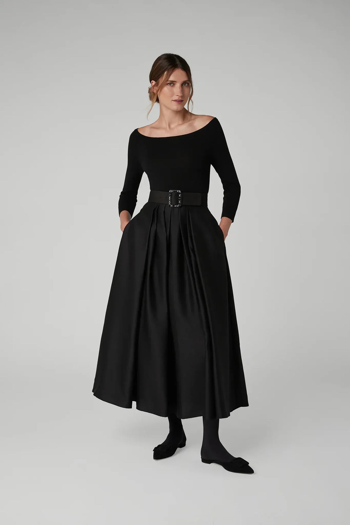 Ida Wool Silk Inverted Pleat Skirt in Black