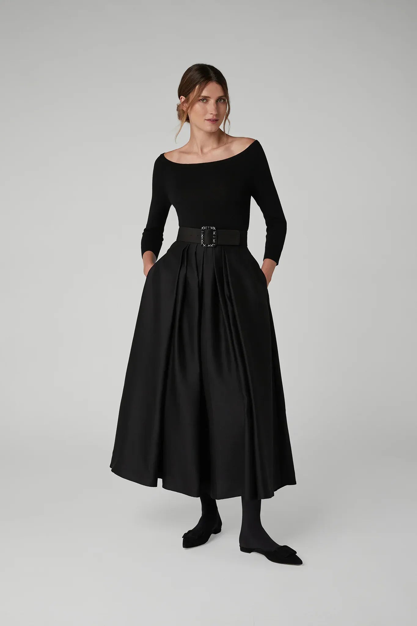 Iona Slash Neck Merino Knitted Top in Black