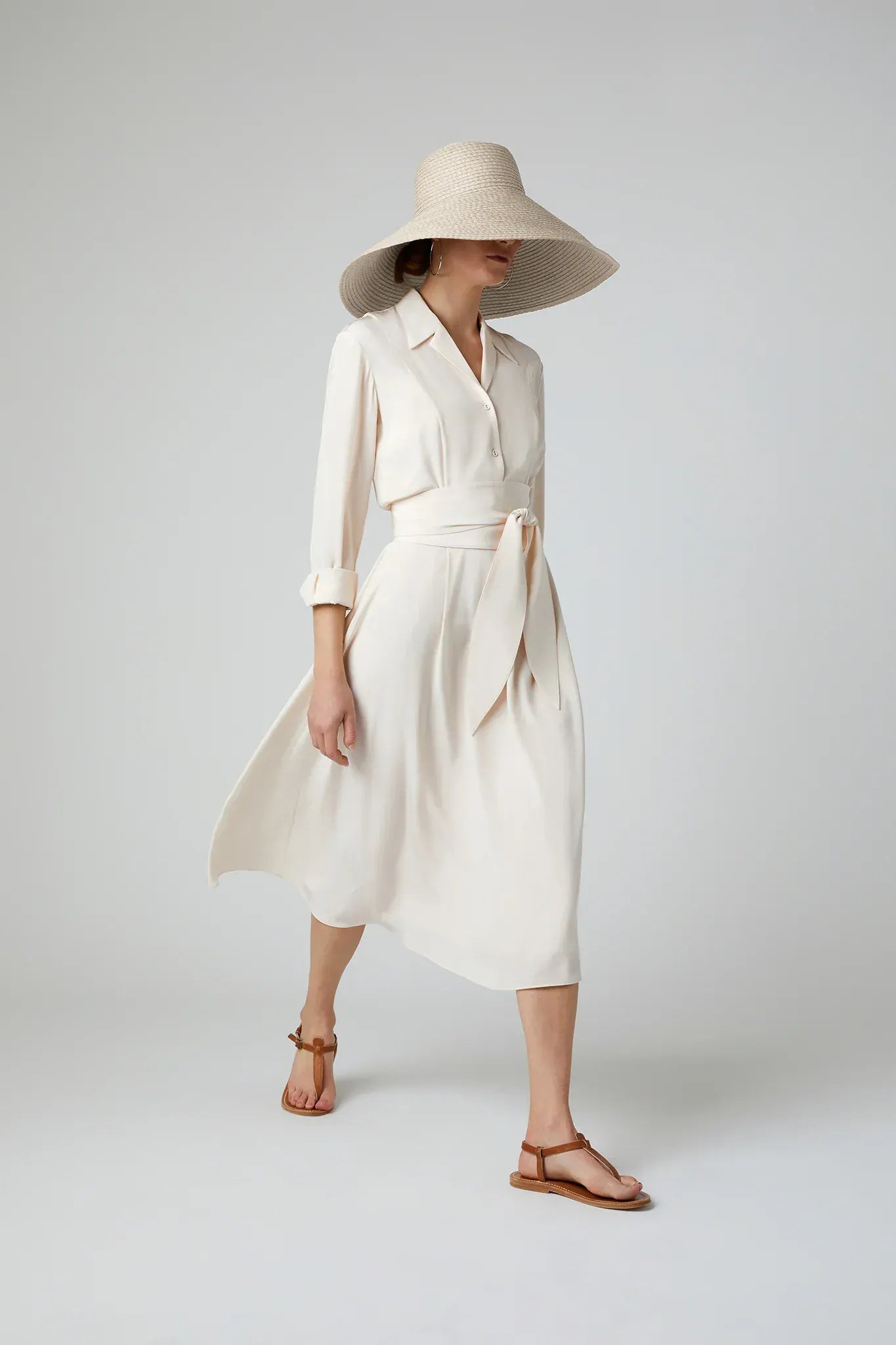 Filomena Silk Full Skirt Shirt Dress in Cream