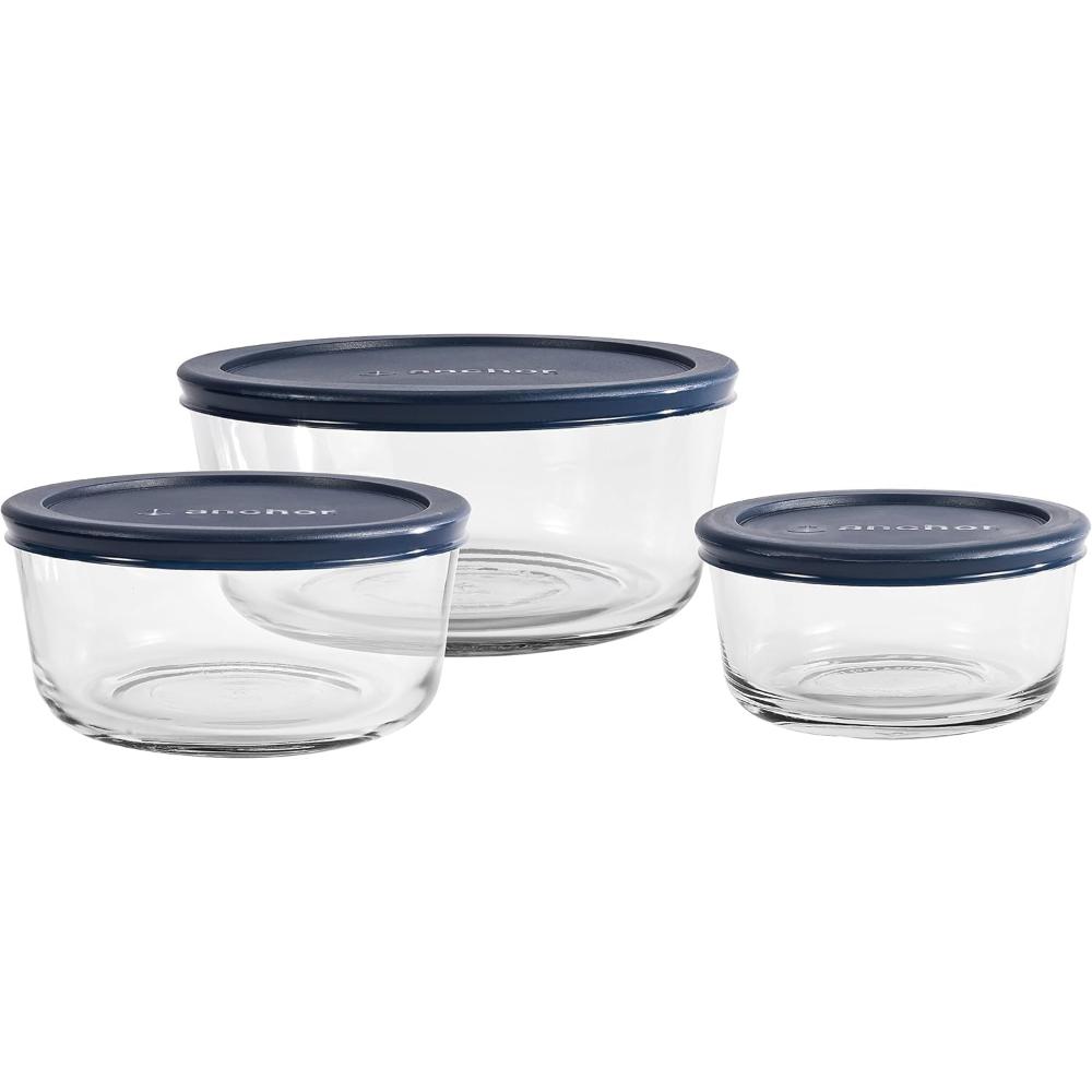Anchor Hocking 6 Piece, Round Food Storage Container Set - 92001, Value Pack, (472ml/946ml/1.7l), Navy Blue / Red Lid