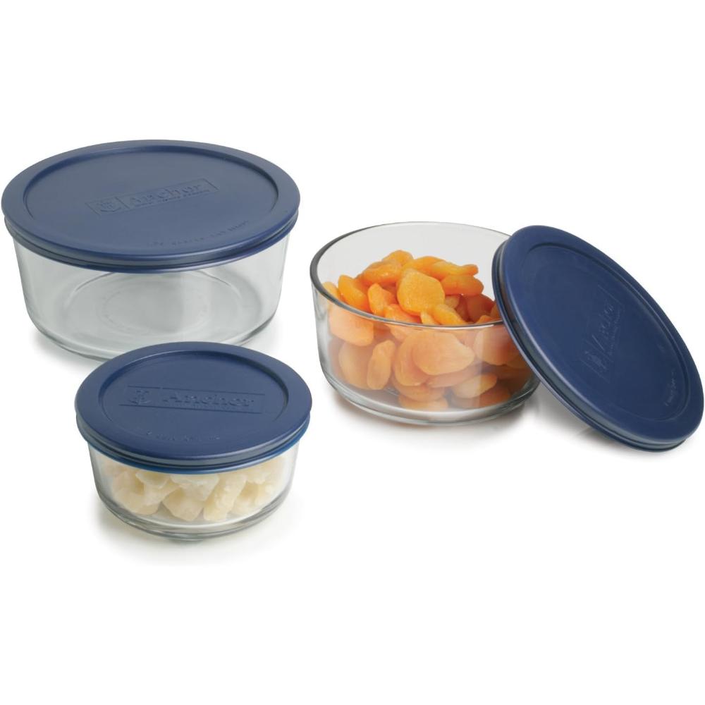Anchor Hocking 6 Piece, Round Food Storage Container Set - 92001, Value Pack, (472ml/946ml/1.7l), Navy Blue / Red Lid