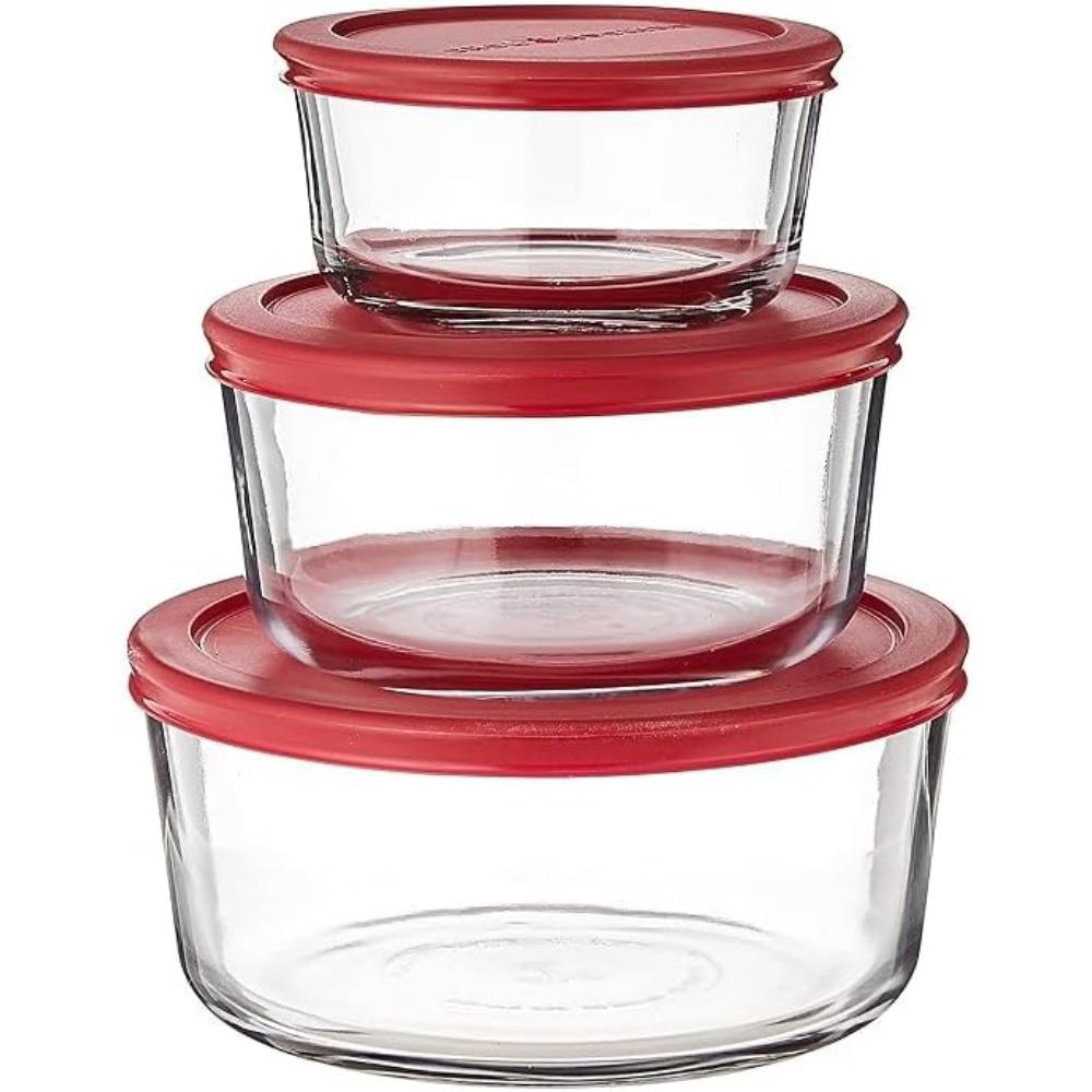 Anchor Hocking 6 Piece, Round Food Storage Container Set - 92001, Value Pack, (472ml/946ml/1.7l), Navy Blue / Red Lid