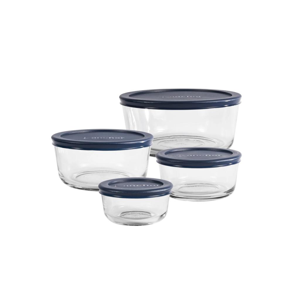 Anchor Hocking Glass Food Storage Containers with Navy Blue / Red Lids, 8 Piece Set, 13349, (236ml/472ml/972ml/1.7l)