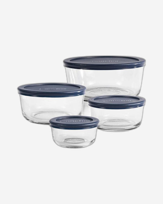 Anchor Hocking Glass Food Storage Containers with Navy Blue / Red Lids, 8 Piece Set, 13349, (236ml/472ml/972ml/1.7l)