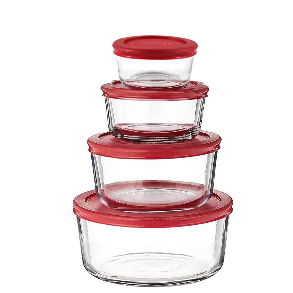 Anchor Hocking Glass Food Storage Containers with Navy Blue / Red Lids, 8 Piece Set, 13349, (236ml/472ml/972ml/1.7l)