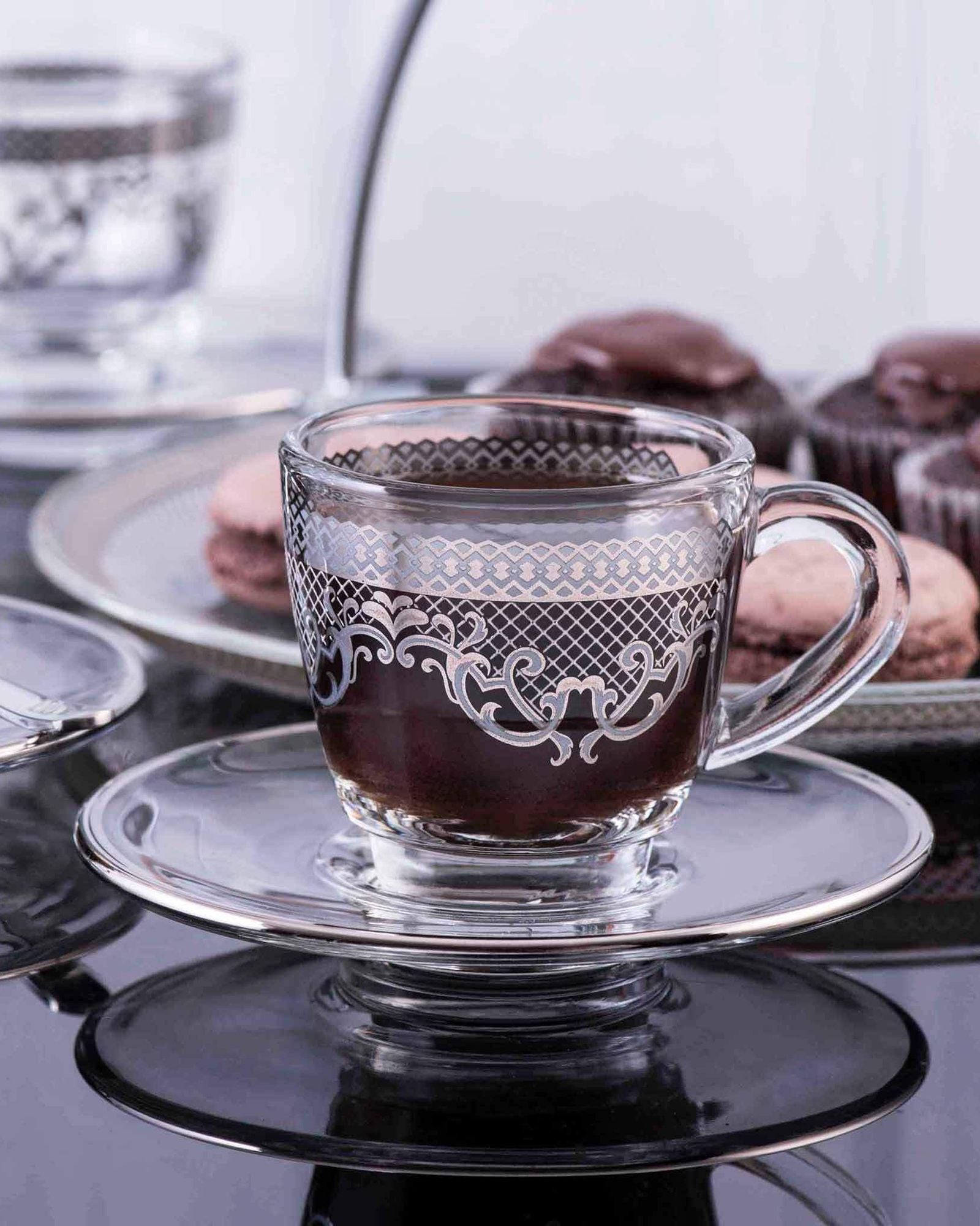 Dimlaj Trina Set of 6 Pcs Coffee Cups and Saucers (Platinum)