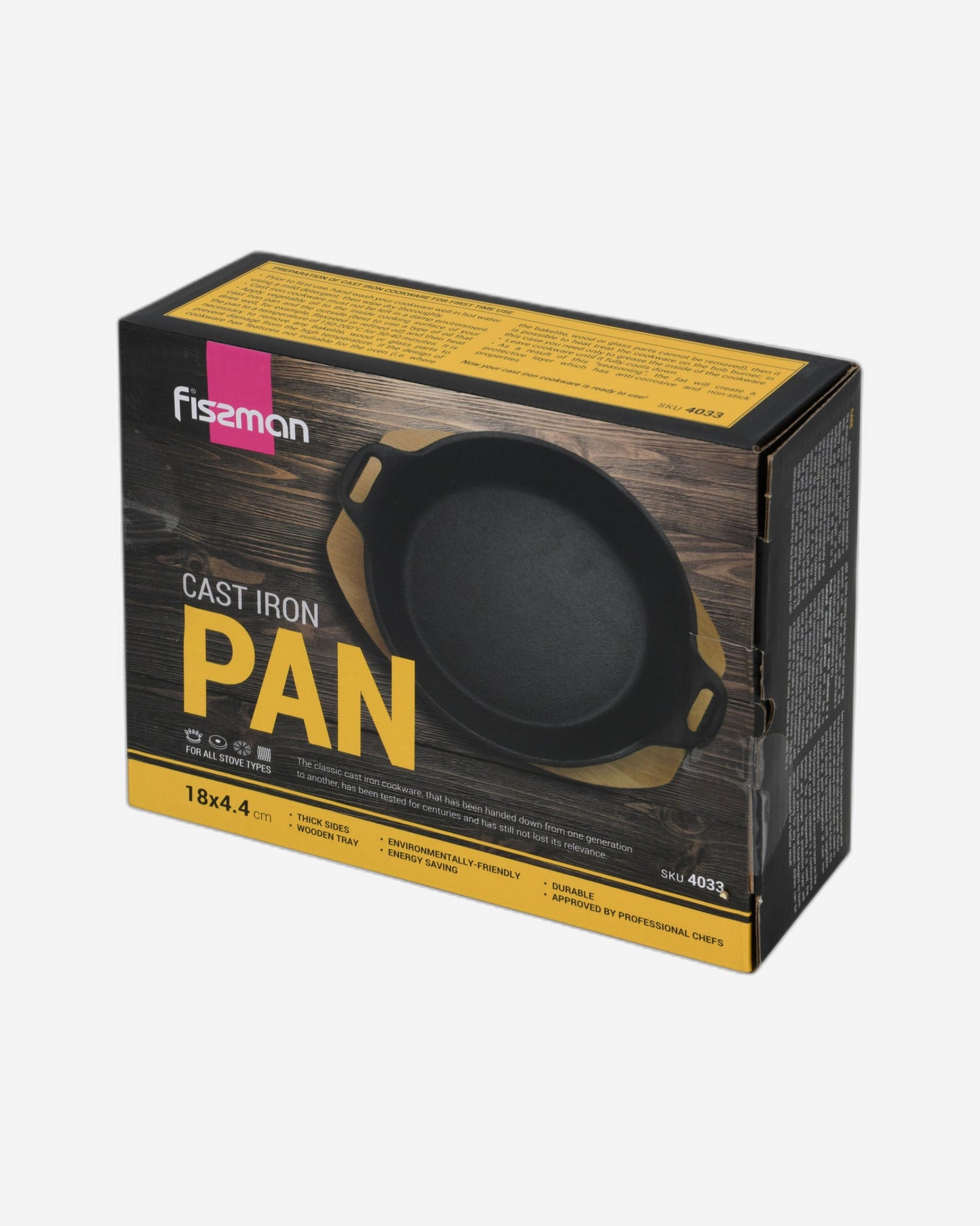 Fissman Cast Iron Pan With Two Side Handles And Wooden Tray