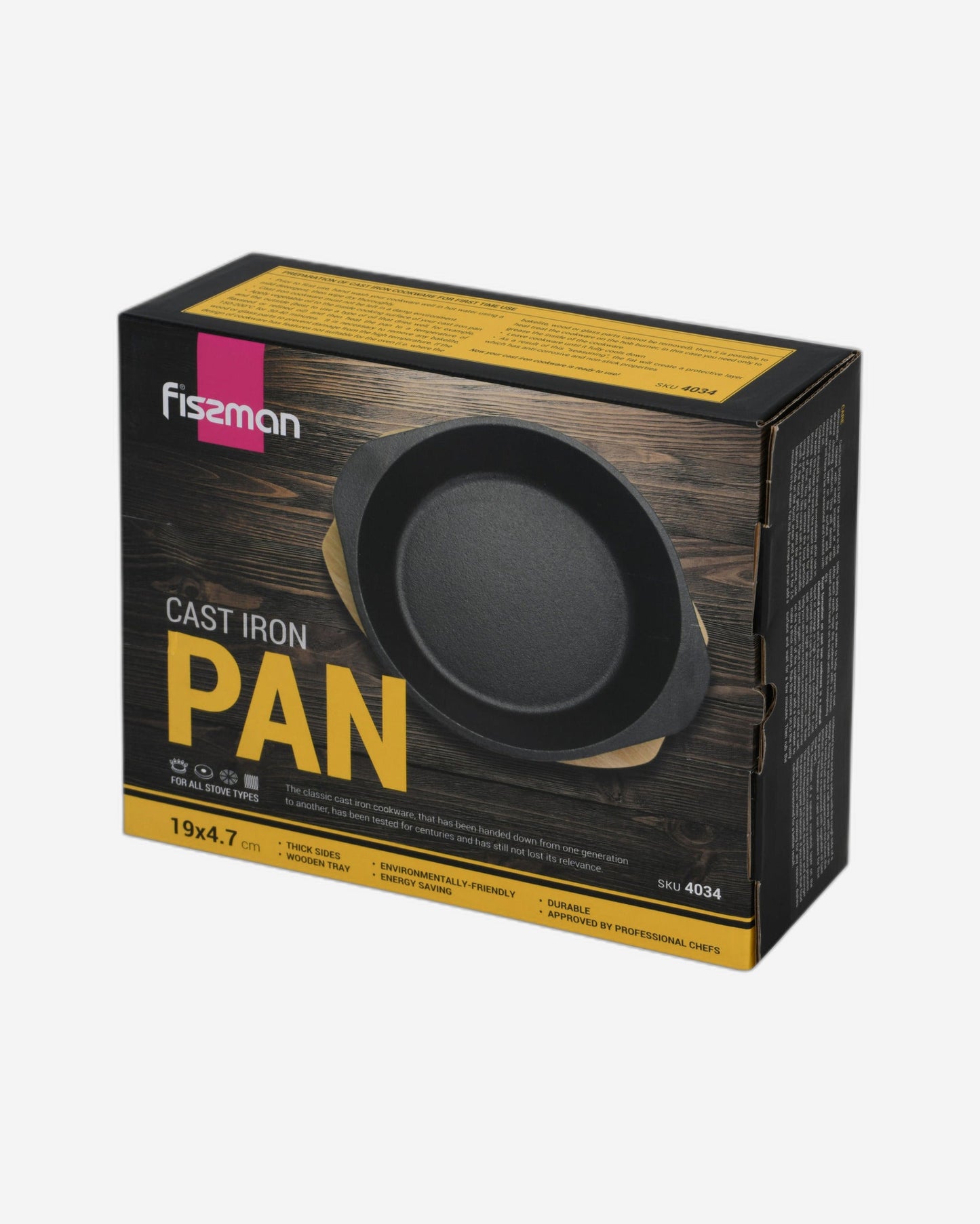 Fissman Cast Iron Pan With Two Side Handles And Wooden Tray