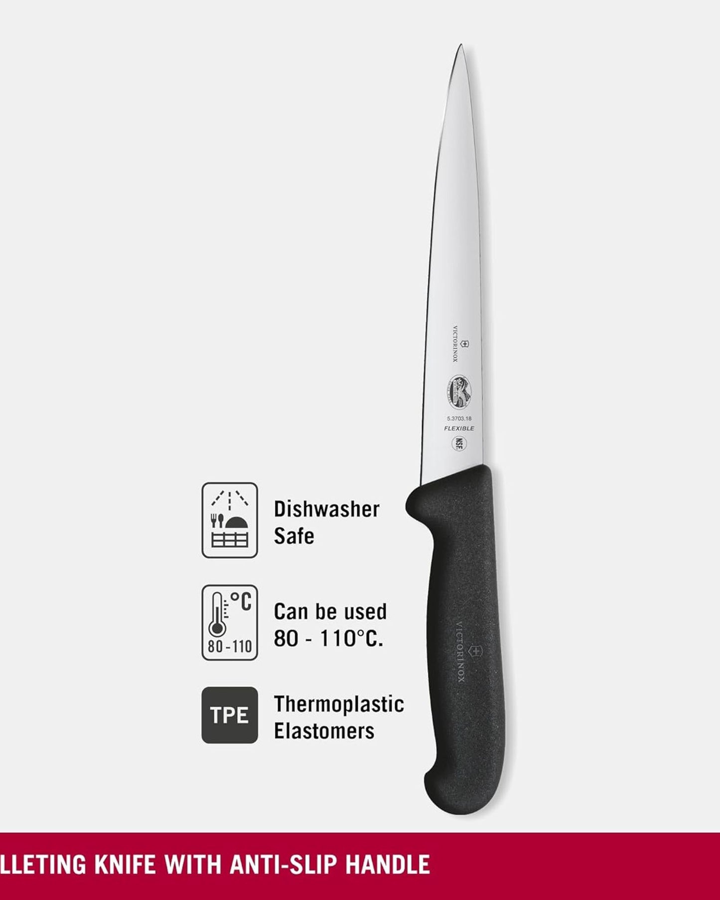 Victorinox Fibrox Filleting Knife 18Cm Straight Flexible Pointed Tip Black - 5.3703.18