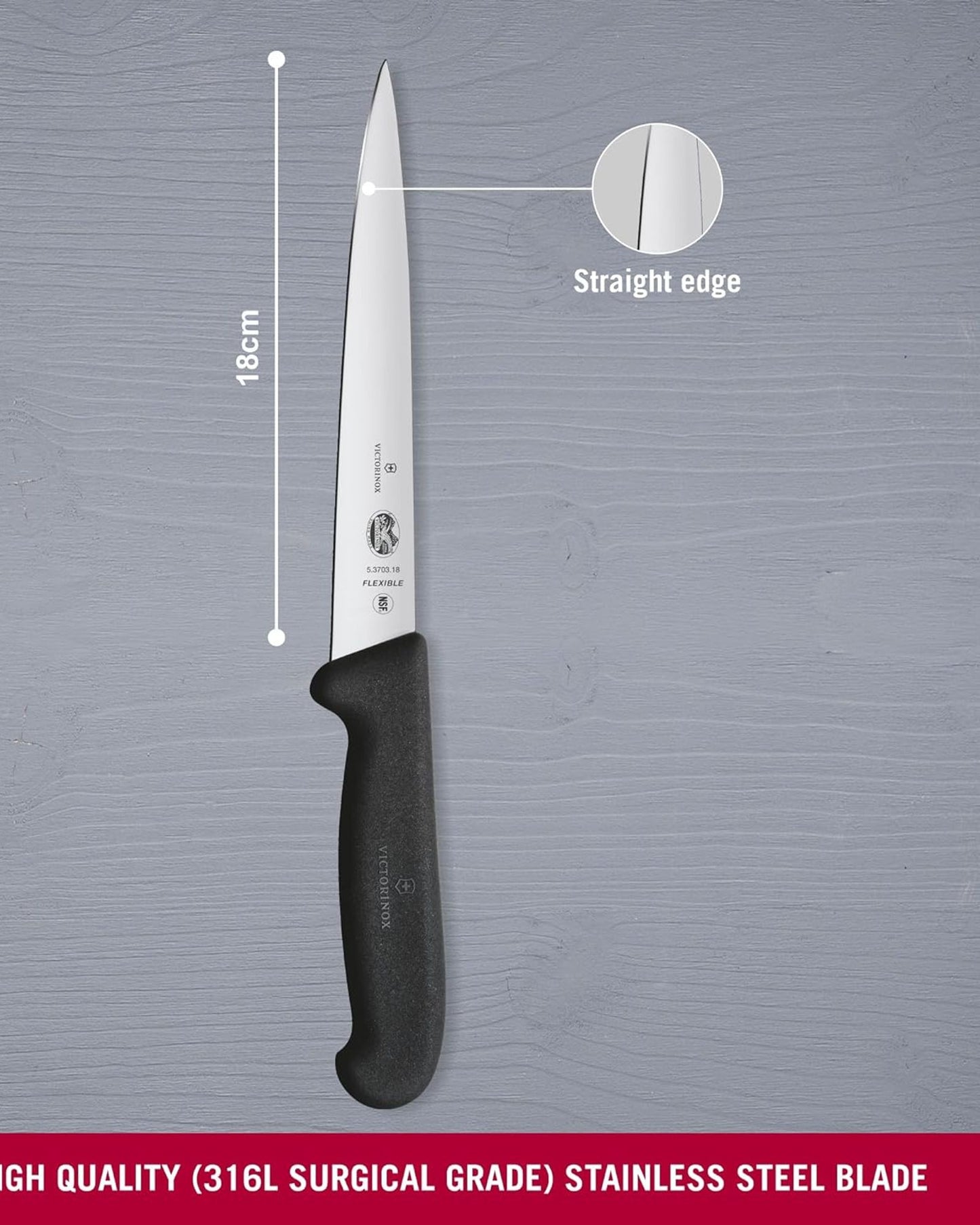Victorinox Fibrox Filleting Knife 18Cm Straight Flexible Pointed Tip Black - 5.3703.18